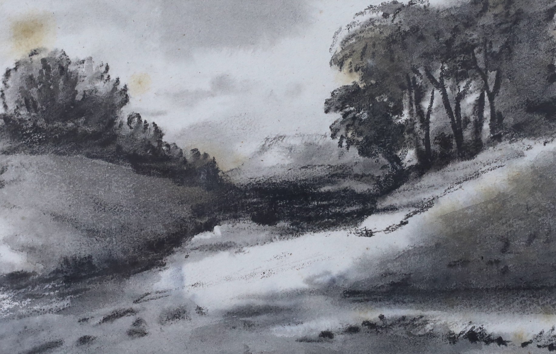 Dr Thomas Munro (1759-1833), charcoal on paper, Tree lined river, 11.5 x 18.5cm